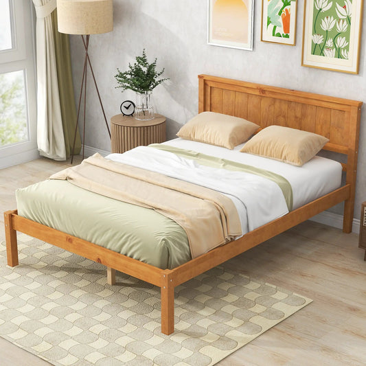 Full-size platform bed frame with warm wood headboard, no box spring, modern bedroom look on Tampa Home & Garden Store