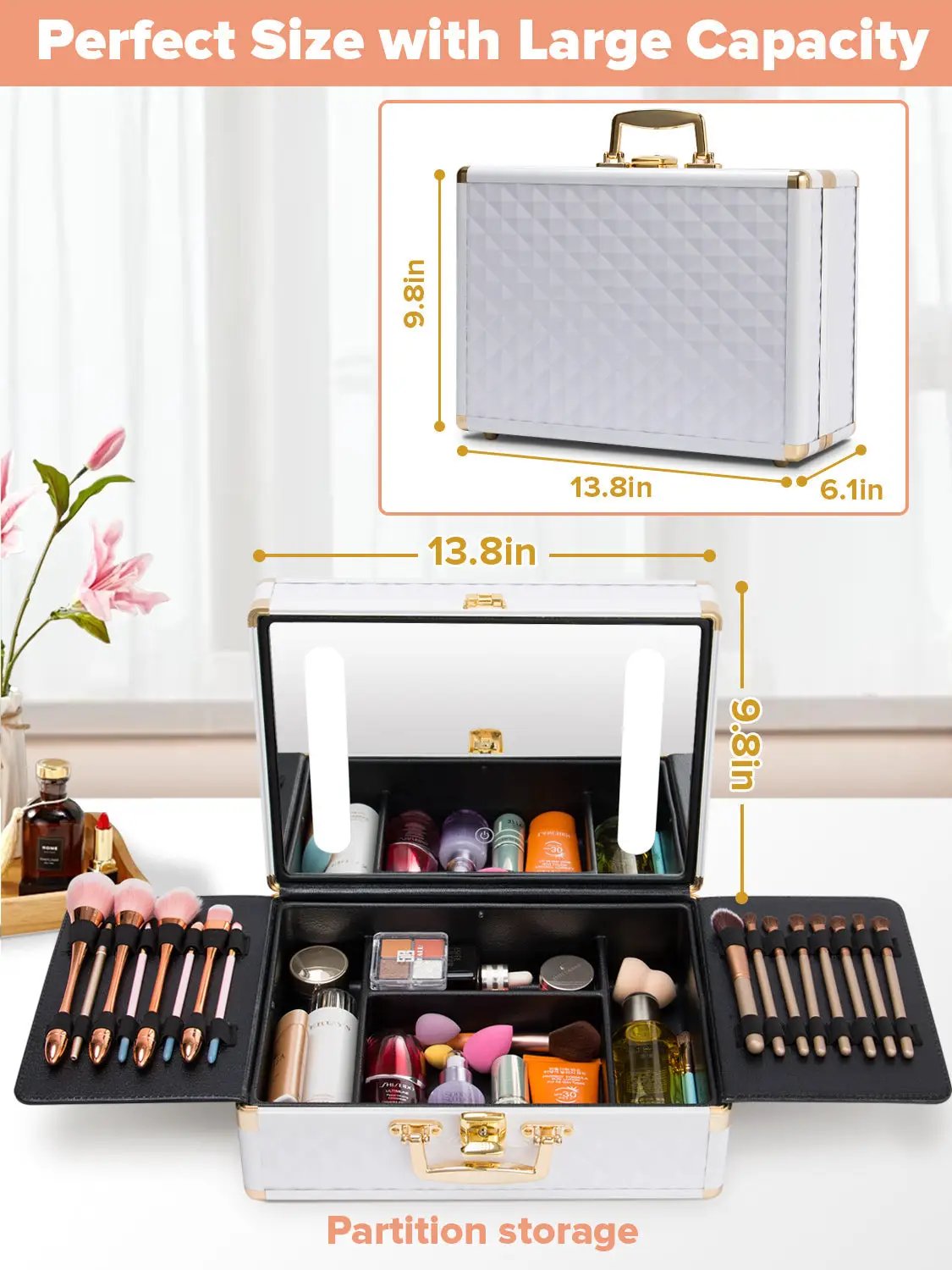 Portable makeup case with LED mirror, white textured exterior, gold hardware, partition storage on Tampa Home & Garden Store