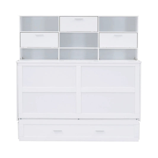Queen Murphy Bed with bookcase shelves and drawers, white storage cabinet on Tampa Home & Garden Store