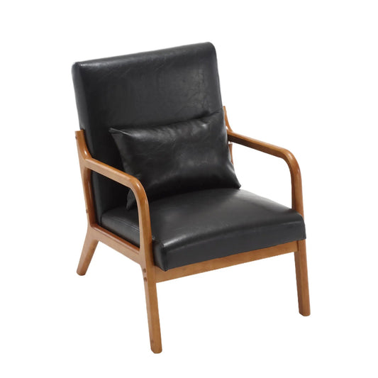 Coolmore modern solid wood armchair with black leather upholstery and light wood frame on Tampa Home & Garden Store