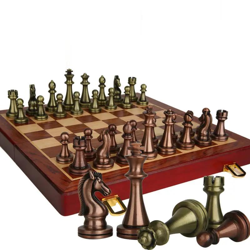 International Chess Gift Box with Metal Pieces on a chessboard in bronze and brass tones on Tampa Home & Garden Store