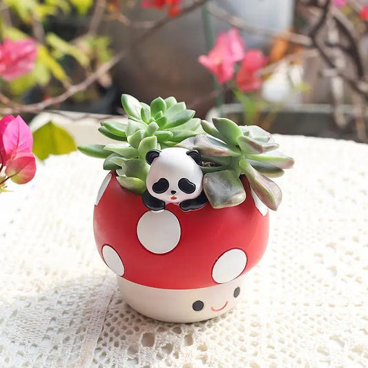 Cartoon Mushroom Resin Flower Pot for Desktop red mushroom planter with succulents and panda on Tampa Home & Garden Store