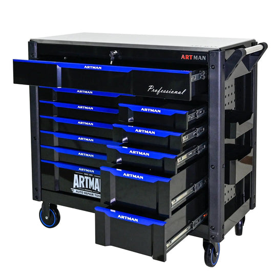 12-layer tool cart with iron top, black frame and blue ARTMAN drawers on wheels on Tampa Home & Garden Store