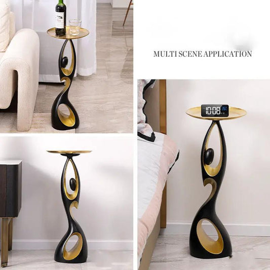 Modern resin floor-to-ceiling sculpture pedestal in black with gold interior, round display top on Tampa Home & Garden Store