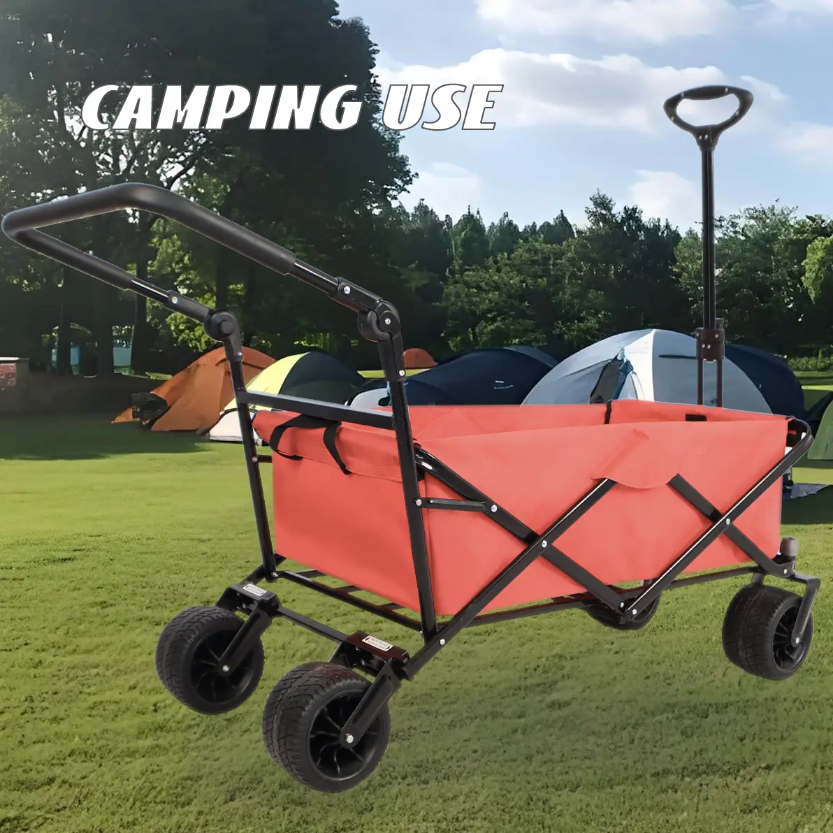 Utility Park folding camping wagon with pink tub and black frame, four wheels for outdoor use on Tampa Home & Garden Store