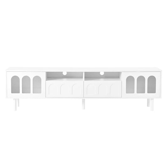 Cream TV stand with LED light strip for 80 inch TV, white arched panel doors, VIP Digital Presence on Tampa Home & Garden Store