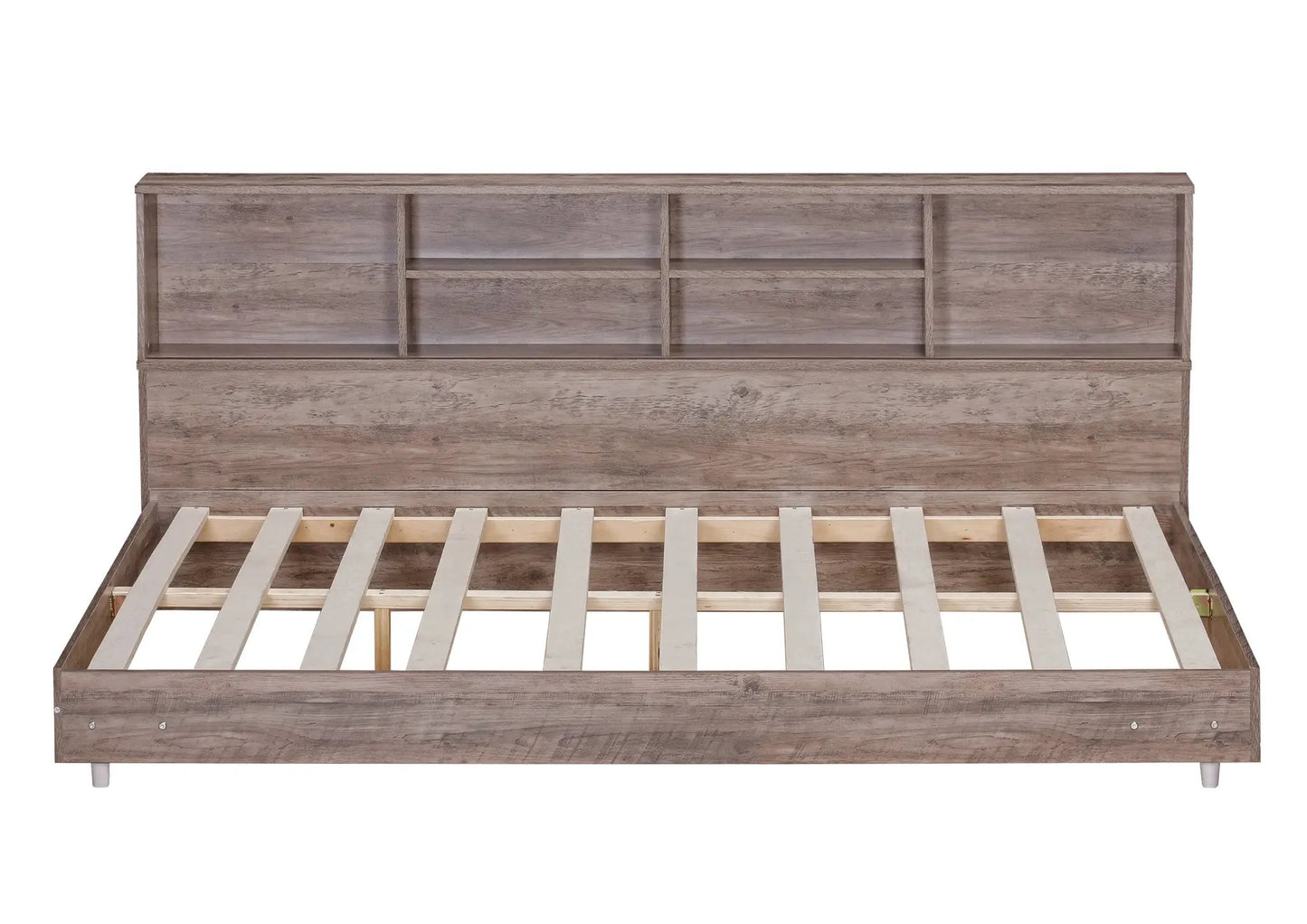 Full-size daybed frame with storage bookcases in light oak finish open headboard shelves on Tampa Home & Garden Store