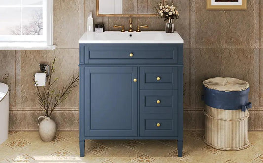 Blue 30-inch vanity with white sink top, brass knobs, 3-drawer cabinet on Tampa Home & Garden Store
