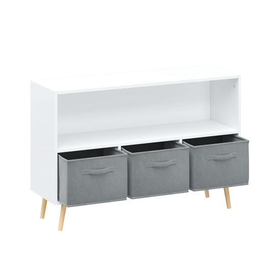 Kids bookcase with 4 gray fabric drawers, white frame and light wood legs on Tampa Home & Garden Store