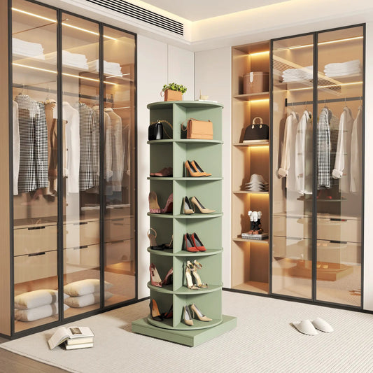 Green 360 rotating shoe cabinet with 6 shelves, displays heels and sandals in wardrobe on Tampa Home & Garden Store