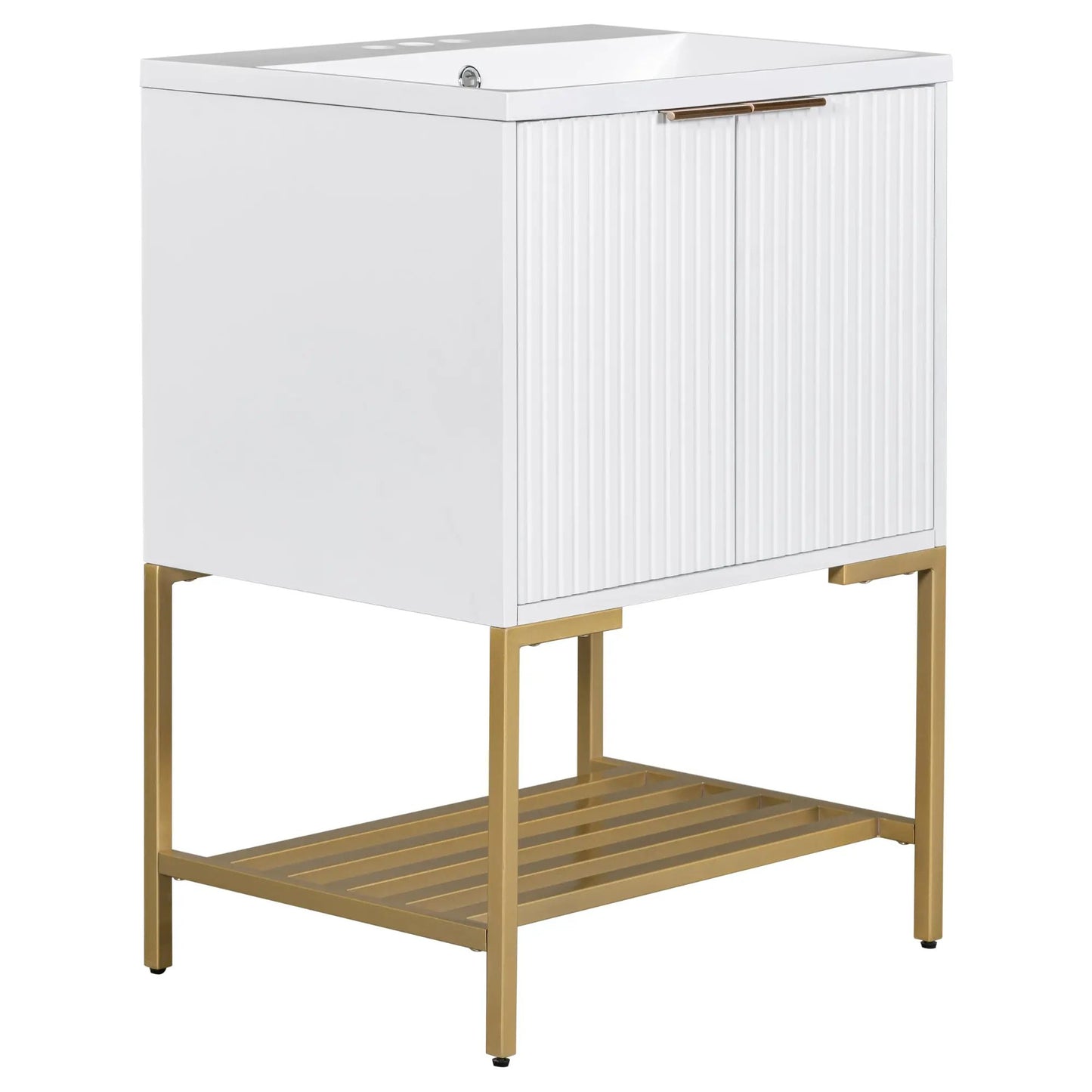 24-inch white vanity with sink, ribbed doors, gold metal frame on Tampa Home & Garden Store