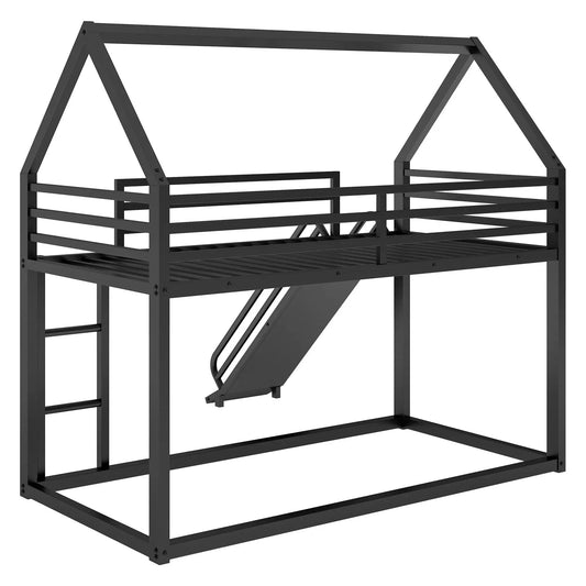 Black twin-over-twin bunk bed frame with built-in ladder and slide, metal construction on Tampa Home & Garden Store