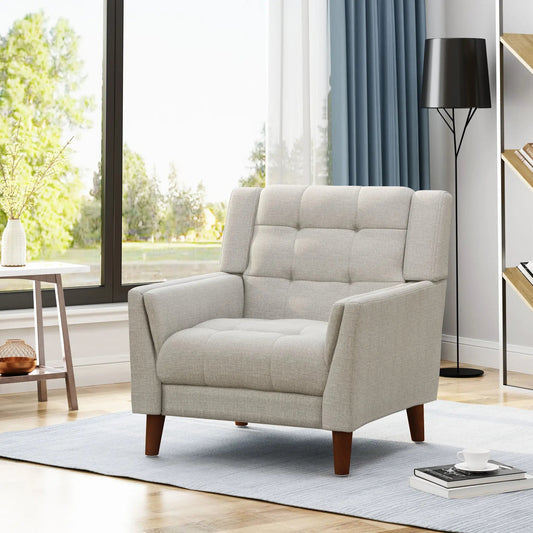 Mid Century Modern beige fabric armchair with tufted cushions and dark wood legs on Tampa Home & Garden Store