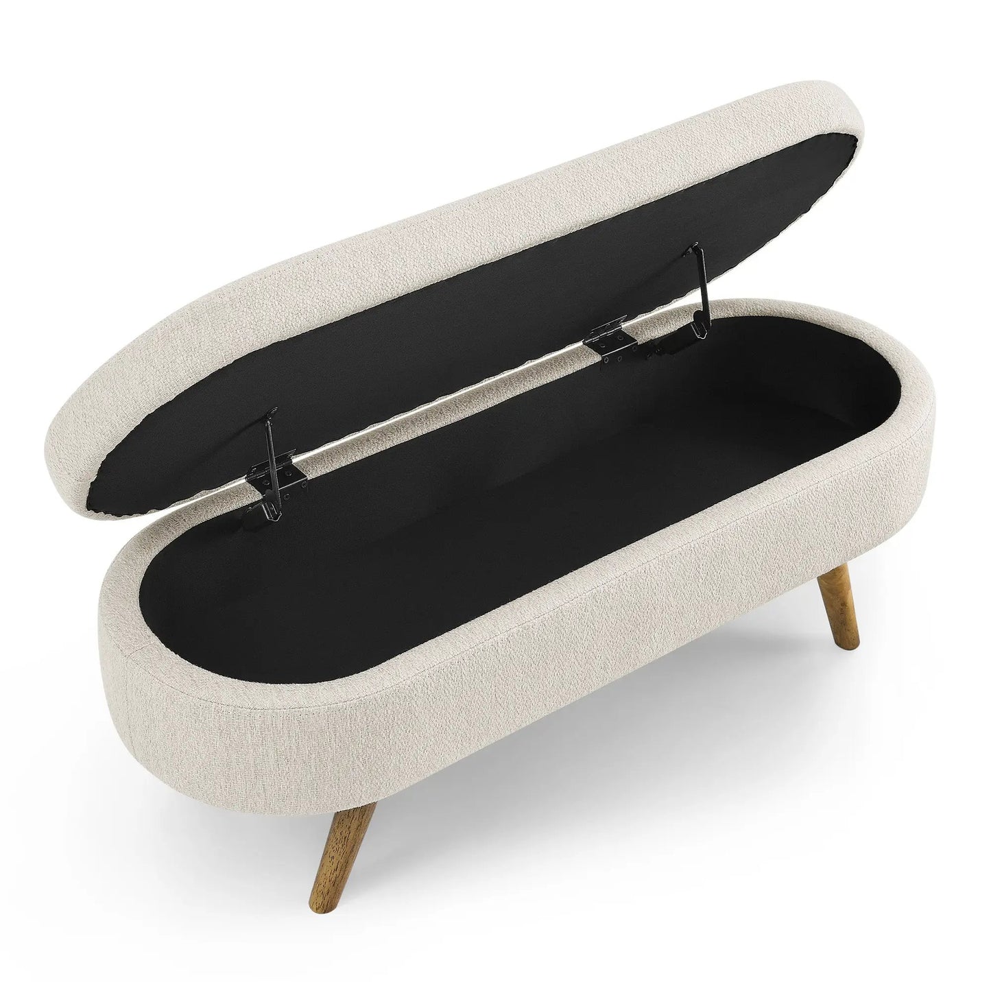 Ottoman oval storage bench beige linen upholstery with black interior lid and wooden legs on Tampa Home & Garden Store