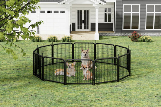Outdoor 12-panel dog fence playpen in black with four puppies in yard of a white house on Tampa Home & Garden Store