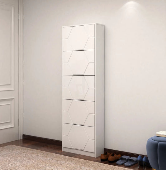 Vertical 5-tier shoe cabinet with carved hex panels, white finish VIP Digital Presence on Tampa Home & Garden Store