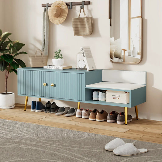Modern Shoe Storage Bench in Tiffany Blue with ribbed cabinet doors and gold legs on Tampa Home & Garden Store