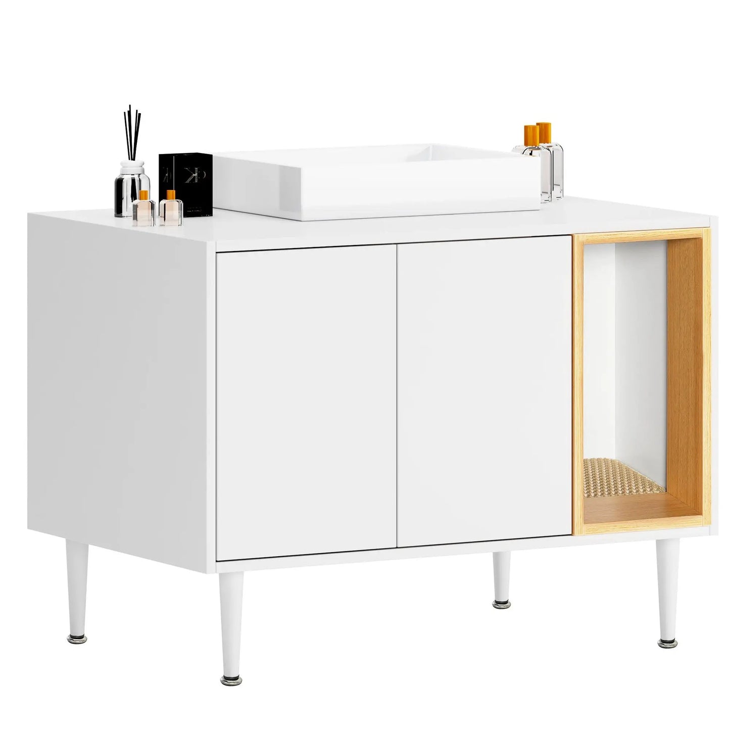 Bathroom Sink Cabinet with Cat Litter Box white cabinet with open right cubby on Tampa Home & Garden Store