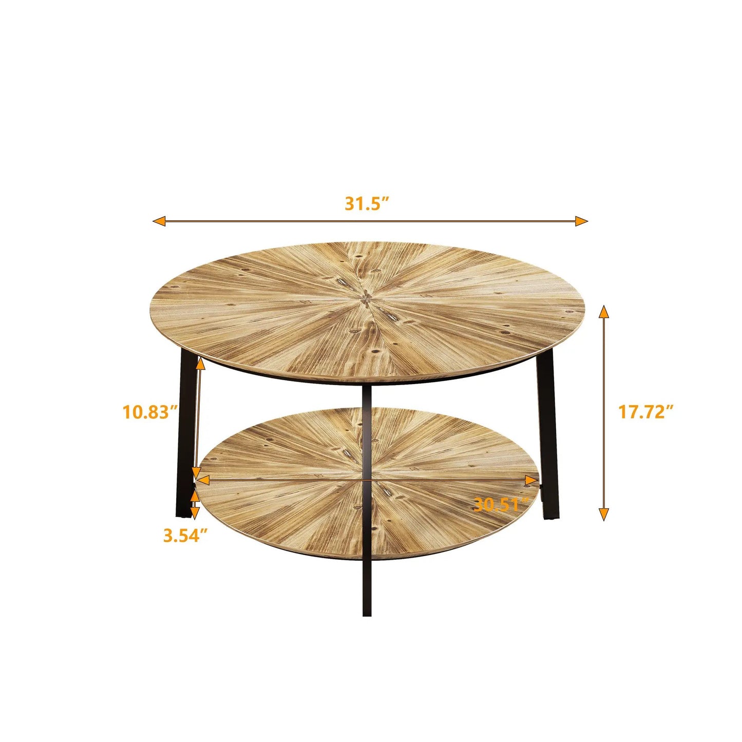 Round coffee table with storage and black metal legs; wood shelves on Tampa Home & Garden Store