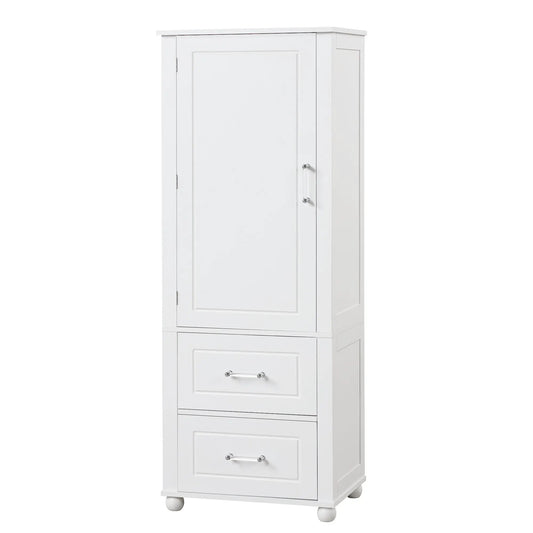 Tall white bathroom storage cabinet with recessed-panel door and two drawers on Tampa Home & Garden Store