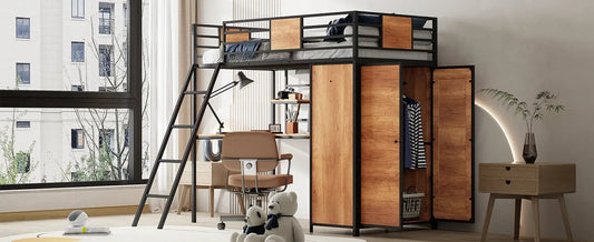 Twin Size Loft Bed with L‑Shape Desk and Wardrobe, black metal frame with wood panels on Tampa Home & Garden Store