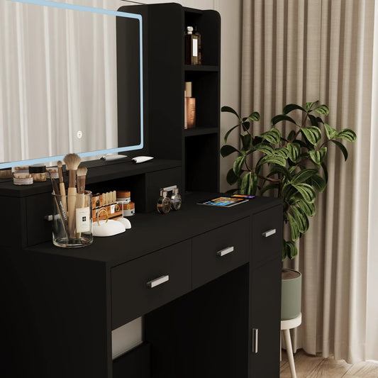 Smart mirror dressing table with drawers in black finish, blue edge, makeup brushes and bottles on Tampa Home & Garden Store