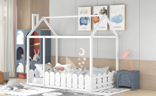 Twin Wood Bed House with Fence for Kids White twin size bed frame on Tampa Home & Garden Store