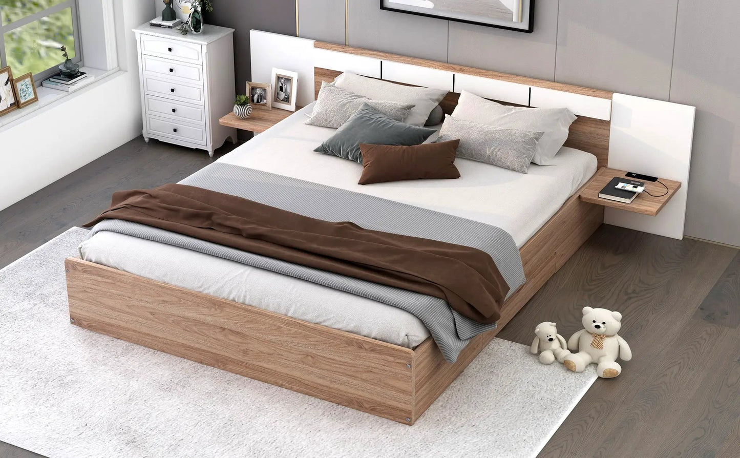 Cama de plataforma tamaño Queen con cabecero, cajones, estantes, puertos USB y enchufes, natural