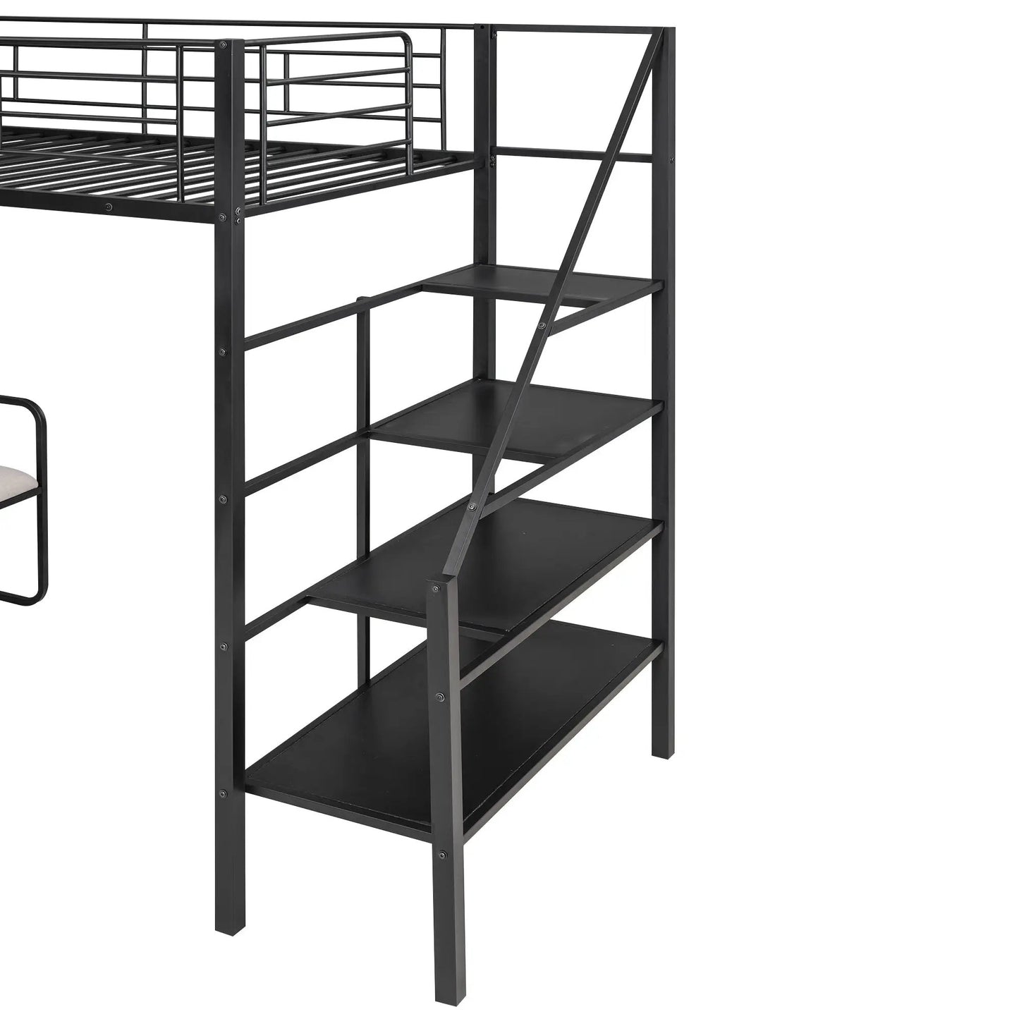 Twin metal loft bed with bench and storage, black steel frame, ladder and shelving integrated on Tampa Home & Garden Store