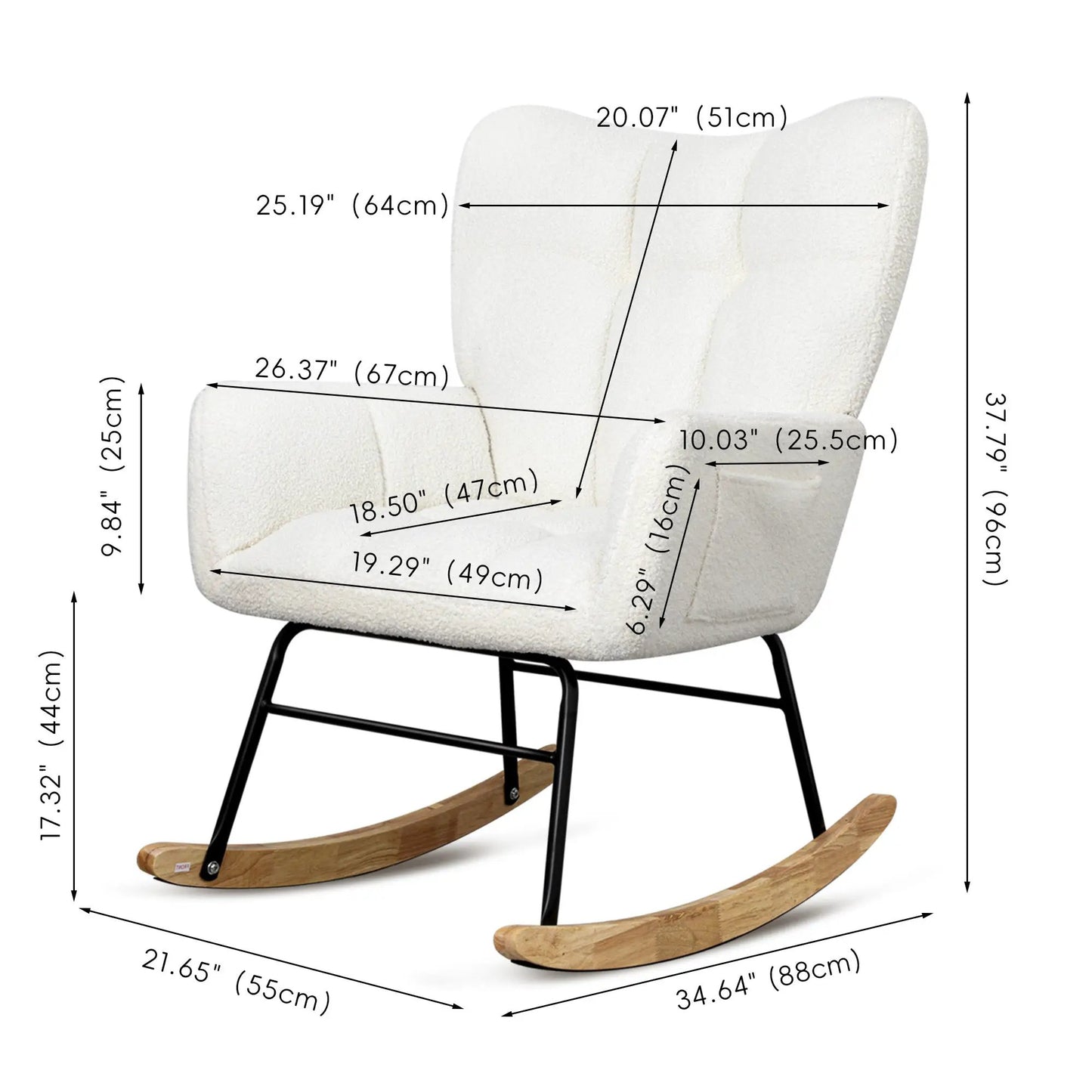 White Teddy Fabric Rocking Chair with High Back, wooden rockers, black metal frame on Tampa Home & Garden Store