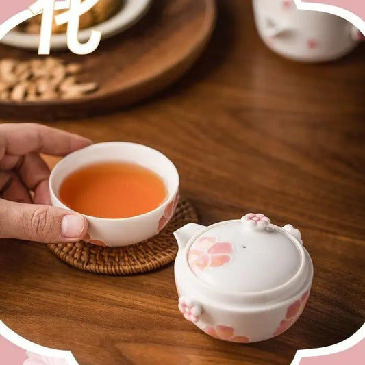 Sakura Kuaike Portable Kung Fu Tea Set white ceramic teapot with pink blossoms and cup on Tampa Home & Garden Store