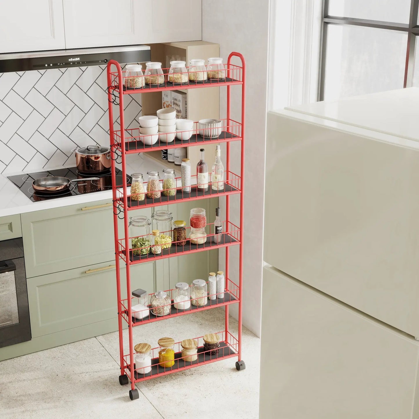 Red 6-tier rolling wire storage cart with black shelves and glass jars for pantry organization on Tampa Home & Garden Store