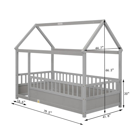 Twin size floor bed with house roof grey for toddlers, wooden frame, VIP Digital Presence on Tampa Home & Garden Store