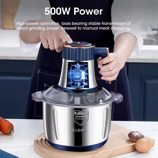Electric meat grinder and 5L food processor in stainless steel with blue accents on Tampa Home & Garden Store