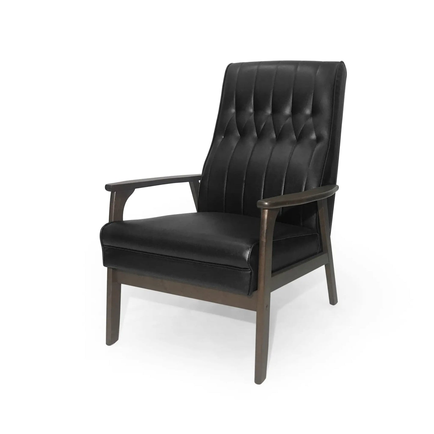 Mid Century Modern Upholstered Chair, black faux leather with tufted back and dark wood legs on Tampa Home & Garden Store