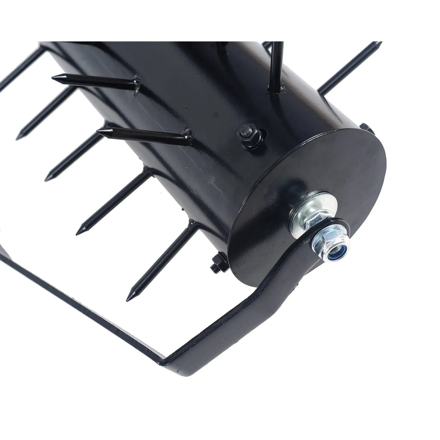 Rolling manual lawn aerator with black metal frame and protruding spikes, close-up of wheel hub on Tampa Home & Garden Store