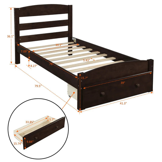 Platform twin bed frame with storage drawer, dark wood finish, slatted base on Tampa Home & Garden Store