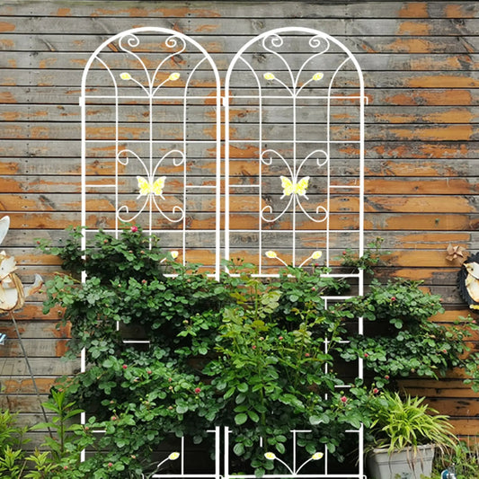 2-Pack Metal Garden Trellis Cream White with arch tops, scrollwork and butterfly accents on Tampa Home & Garden Store