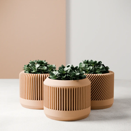 Bamboo Planter Set ceramic terracotta planters with vertical slats, 3-pack, succulents on Tampa Home & Garden Store