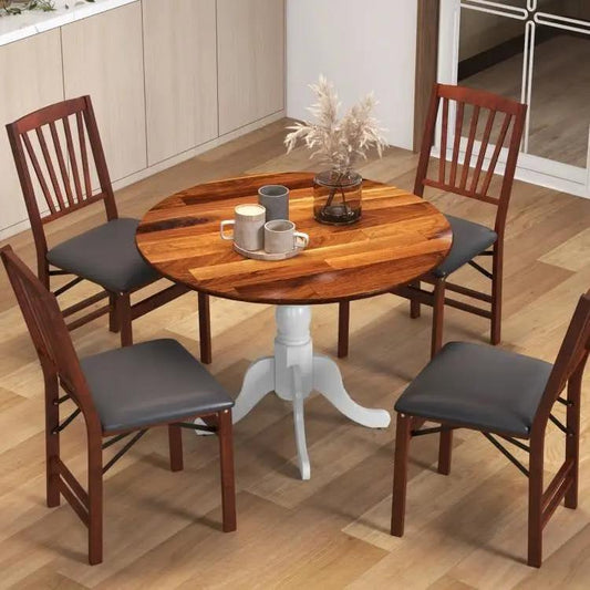 Solid wood round dining table 40 inch with white legs, four brown chairs with gray cushions on Tampa Home & Garden Store