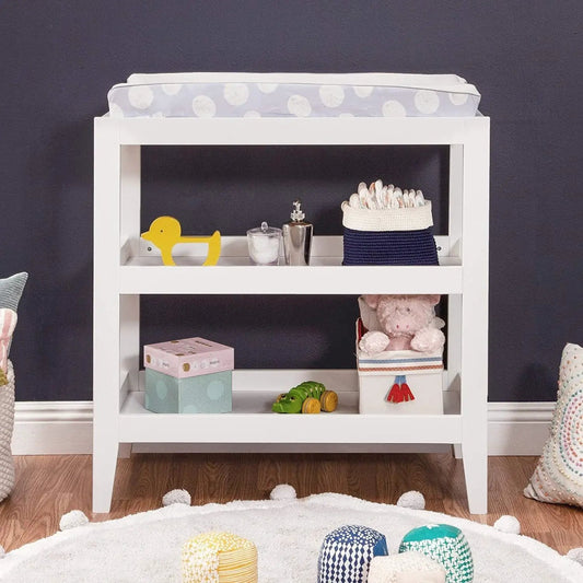 Modern White Changing Table with waterproof pad and open shelf storage for nursery on Tampa Home & Garden Store