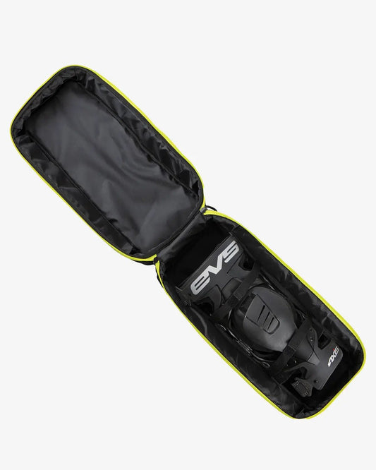 EVS Knee Brace Gear Bag in black with neon yellow zipper showing secured knee brace inside on Tampa Home & Garden Store