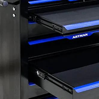 7-drawer rolling tool cart in black with blue drawers ARTMAN on wheels on Tampa Home & Garden Store