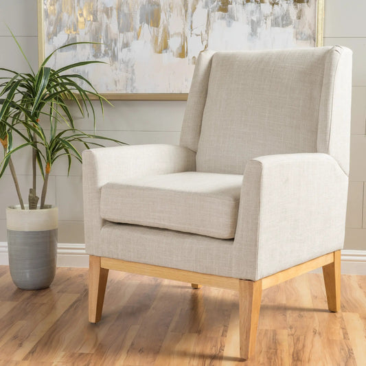 KD Accent Chair beige fabric armchair with light wood legs in a modern living room setting on Tampa Home & Garden Store