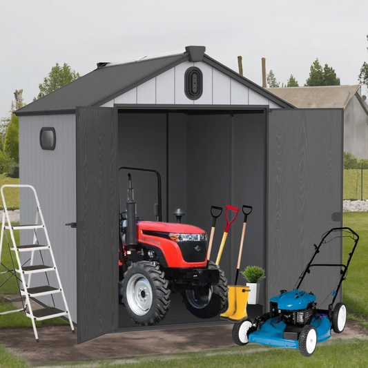 XWT012 6x8 ft plastic storage shed gray exterior with open doors and lawn tractor with tools on Tampa Home & Garden Store