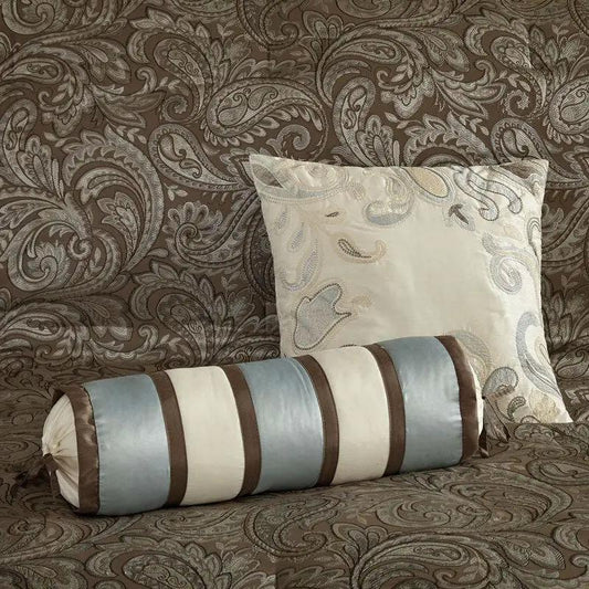 California King reversible cotton comforter set brown and blue with striped bolster pillow on Tampa Home & Garden Store