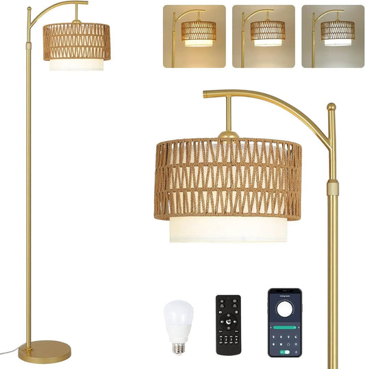 Gold arc floor lamp with woven rattan shade, dimmable LED, remote on Tampa Home & Garden Store