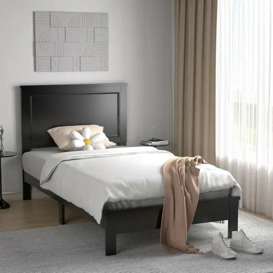 Twin Size Modern Dorm Platform Bed in Black by HomePacific with white bedding on Tampa Home & Garden Store