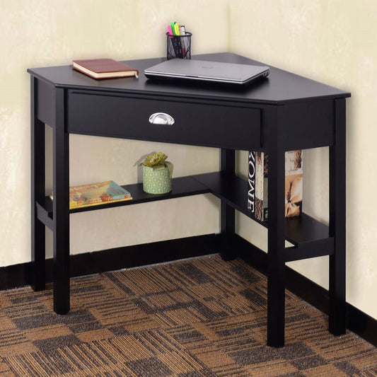 Corner Black Wood Computer Desk with Drawer - Tampa Home & Garden Store