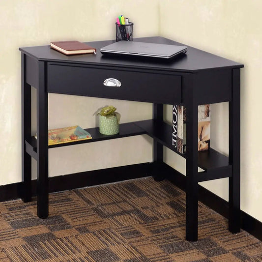 Corner black wood computer desk with drawer and lower shelf, black finish, HomePacific on Tampa Home & Garden Store